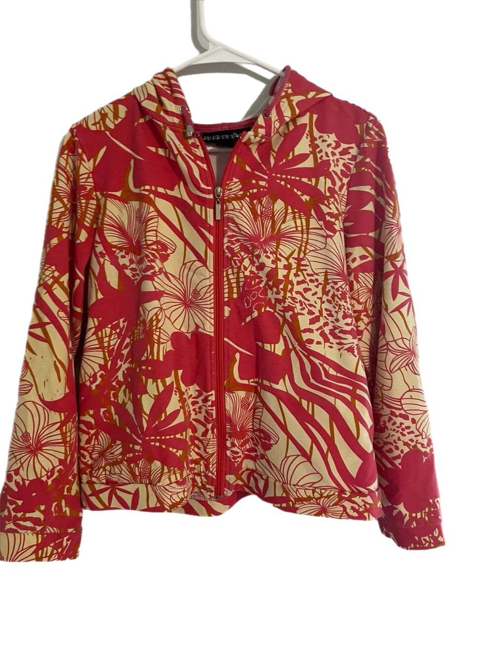 Mirror Image Women's Full-Zip Hoodie - coral & yellow Tropical  Print ,PL